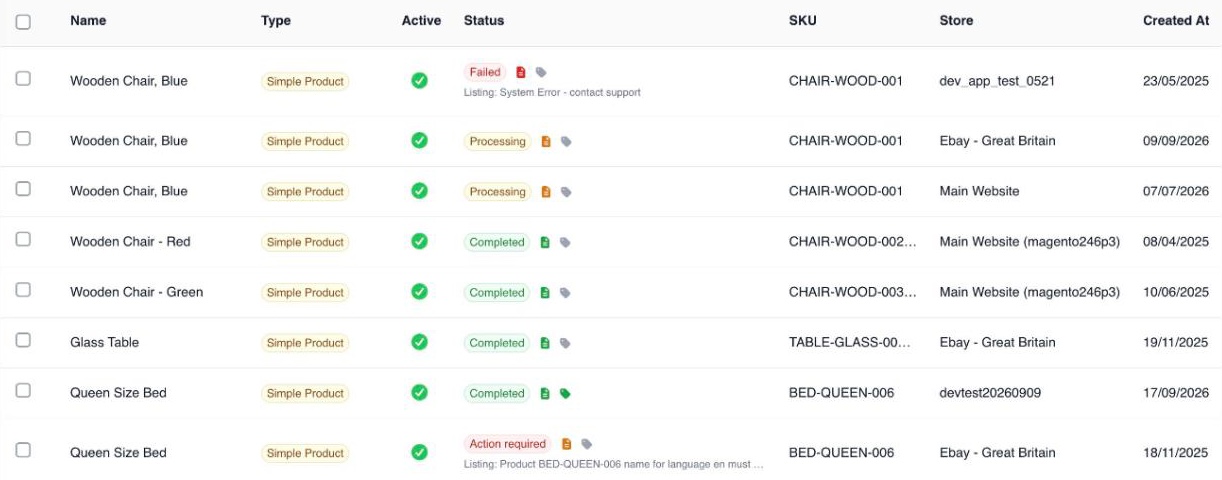 The Assignments list, with Failed, Processing, Completed and Action required