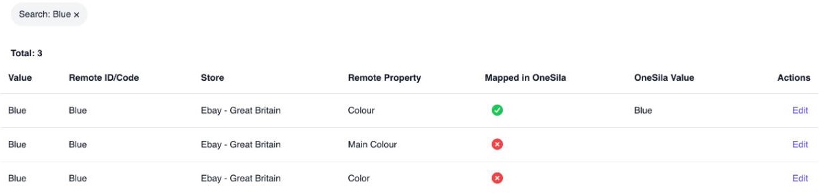 Searching Blue on eBay's Select Values tab: three eBay fields, one mapped