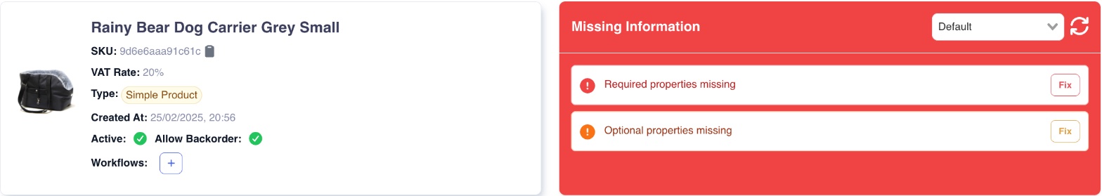 Product inspector showing Missing Information