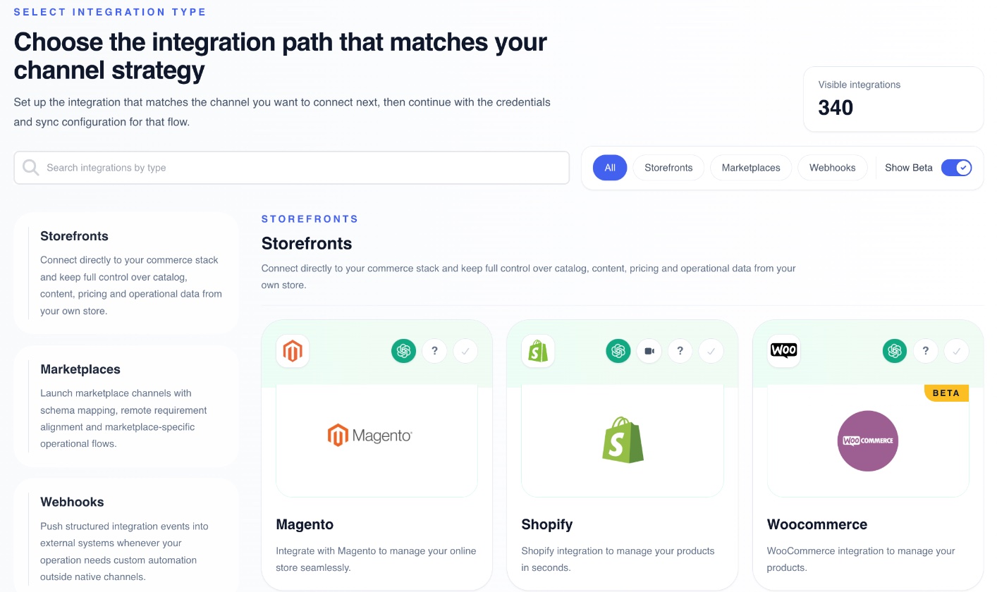 Create Integration page with search and filters
