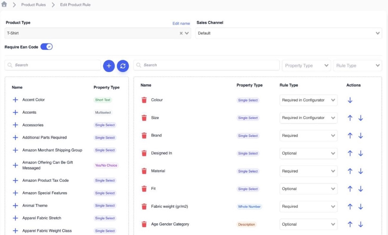 Edit Product Rule screen for the T-Shirt product type