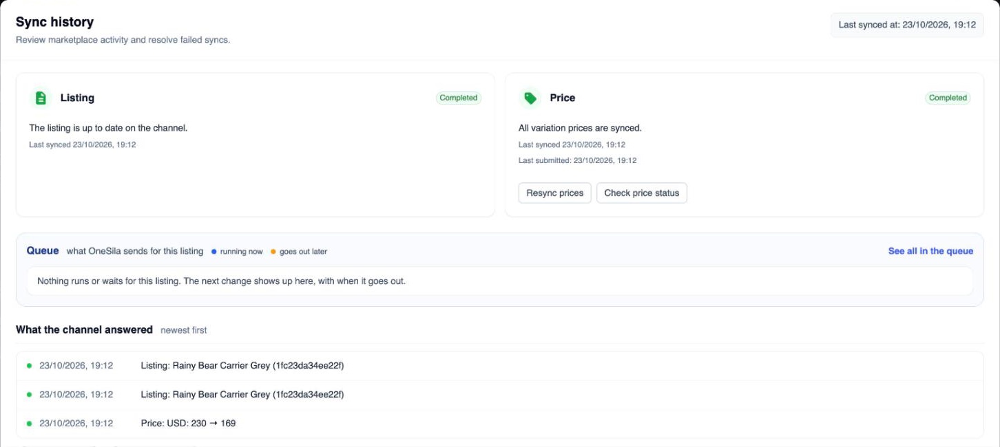 Sync history of one product on one channel