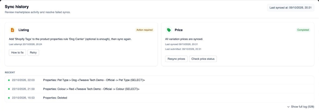 Sync history of a listing with Action required, with How to fix and Retry
